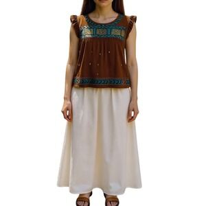 En Creme‎ Embroidered Peasant Top Ruffle Sleeve Bohemian Festival Brown Small